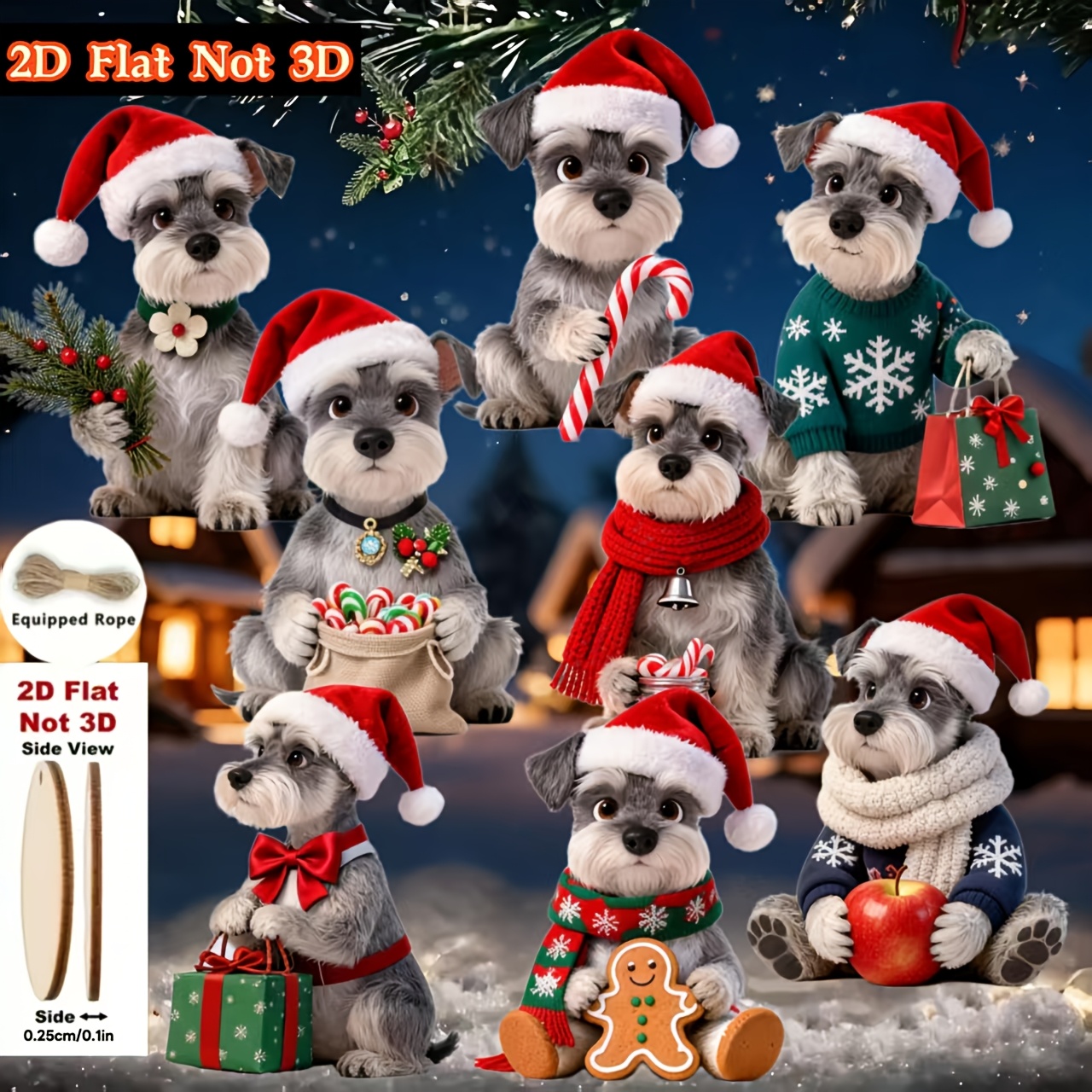 TEMU 2d Flat, 8pcs Set Of Adorable Schnauzer Christmas Wooden Ornaments, Christmas Hanging Decorations, Christmas Tree Ornaments, Home Hanging Decor,