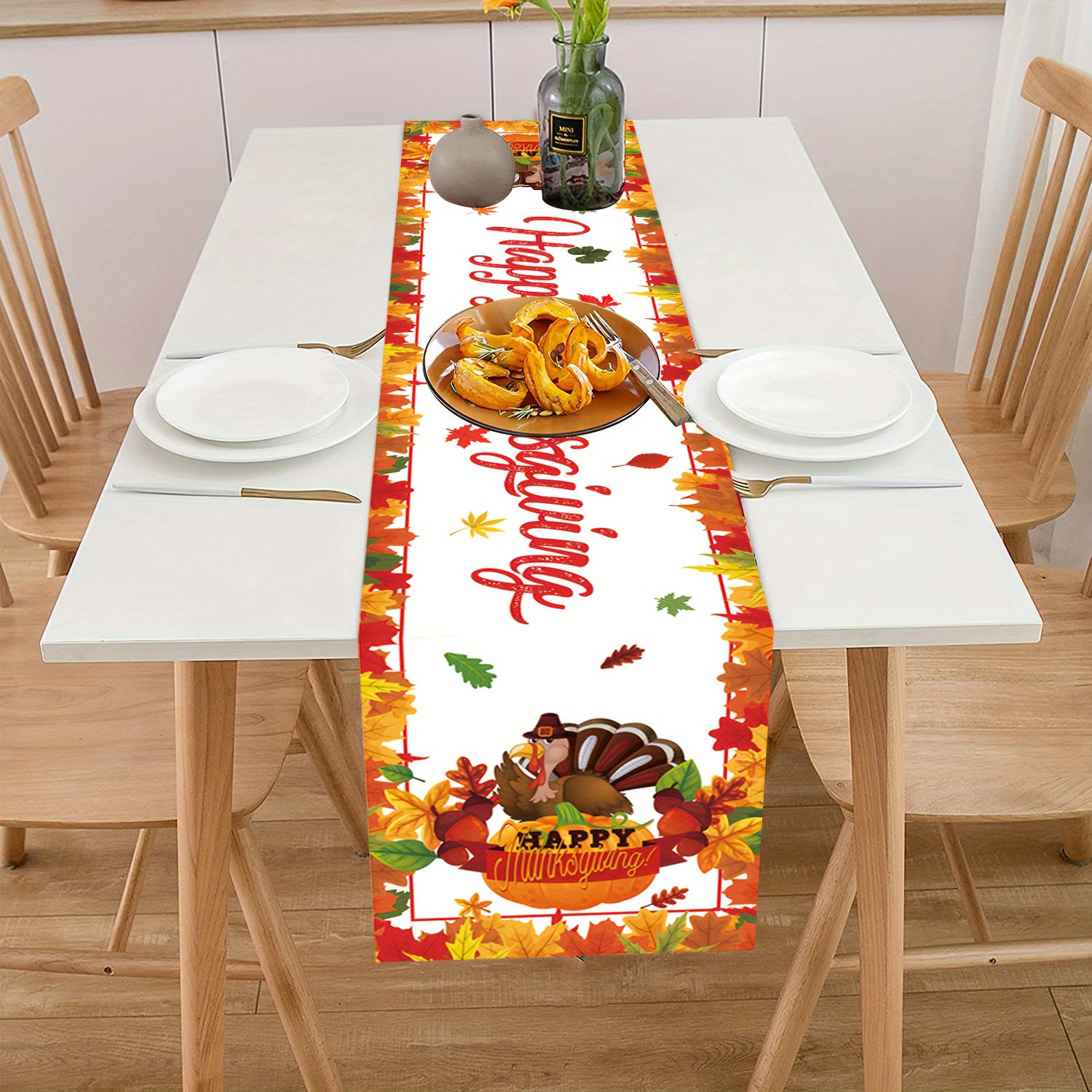 

Happy Thanksgiving Polyester Table Runner - Machine Made Fall Maple Leaf & Turkey Design For Party Tableware Decoration - 180cm X 35cm