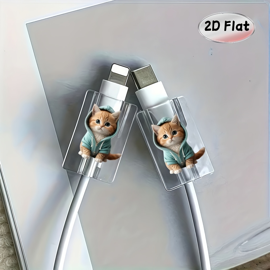 2d Flat 2pcs Cartoon Cat-shaped Data Cable Protective Cover Is Suitable For 2d Plane Of Type-c/ Charging Interface Anti-fracture Charging Cable Protective Cover., 2d Flat