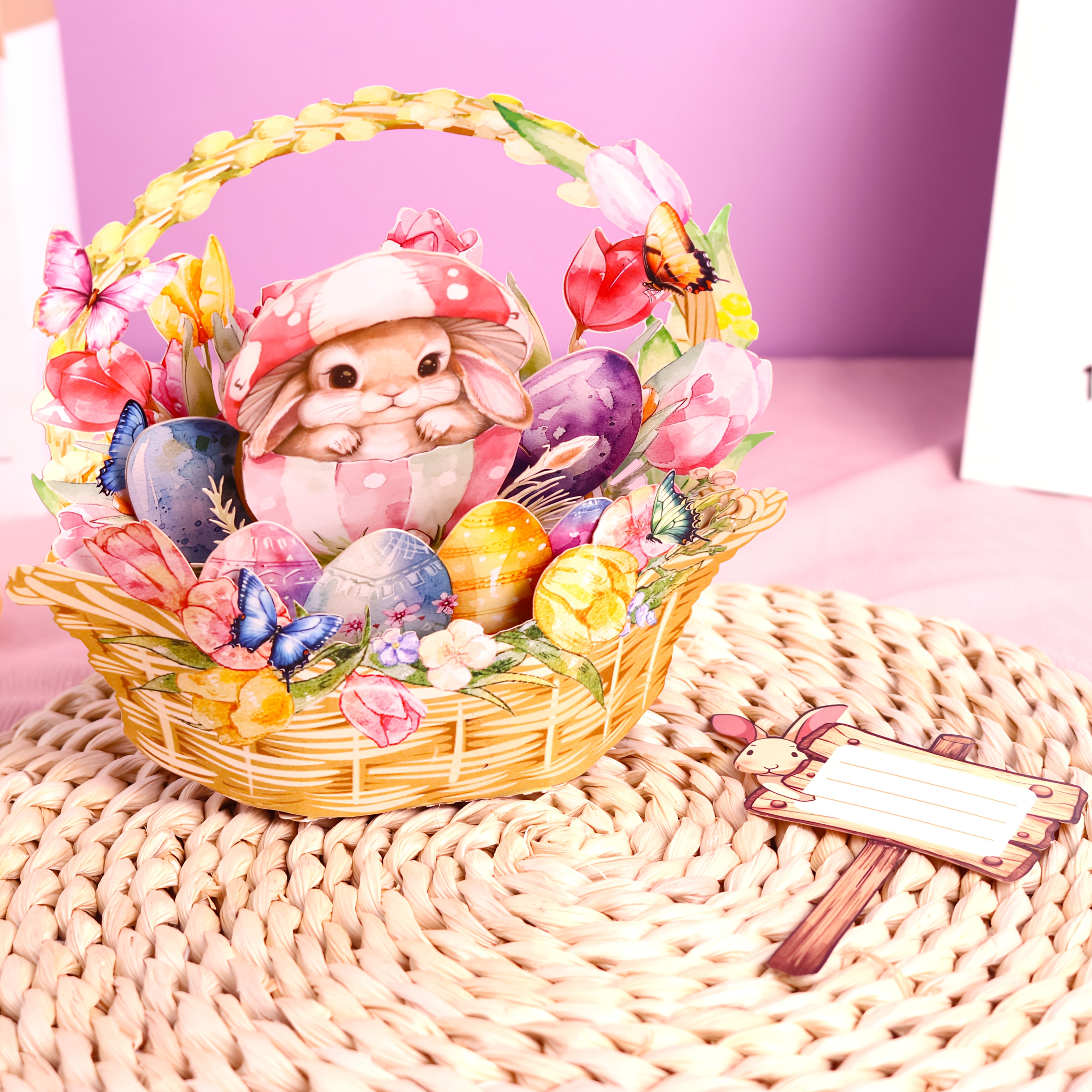 1pc Charming Easter Pop-Up Greeting Card with Colorful Eggs &amp; Bunny - Handcrafted Wicker Basket Design, Includes Note Card &amp; Envelope, Ideal for Easter Decor &amp; Gifts