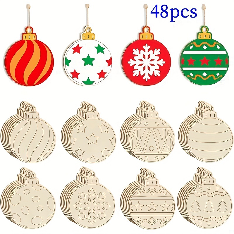 TEMU 24/48pcs Wooden Christmas Ornaments To Paint, 8 Styles Diy Blank Unfinished Wood Christmas Ball Christmas Decoration Cutouts Ornament For Crafts