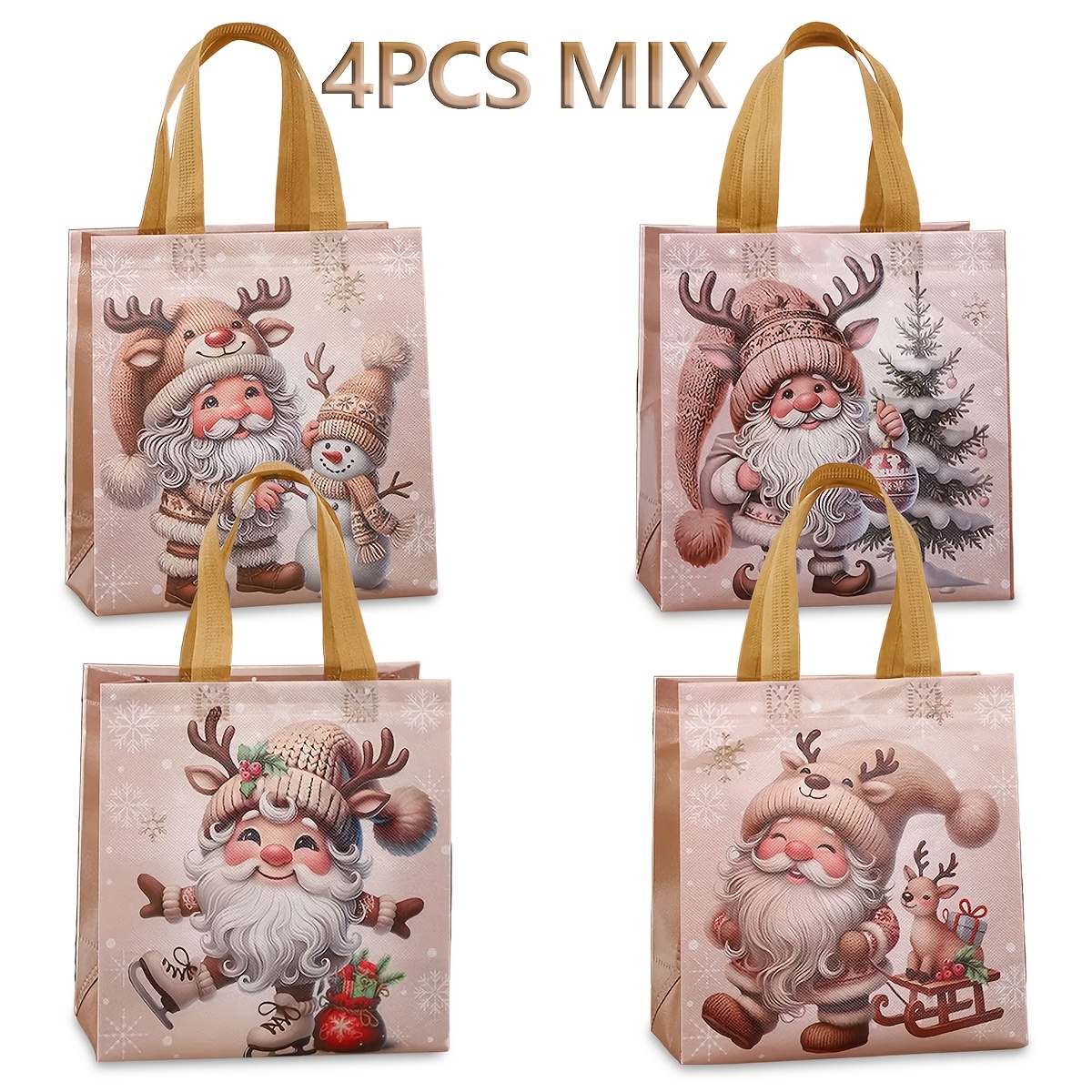 TEMU 4pcs Noël Père Noël en Tissu Non-Tissé Marron, Noël Père Noël, Sapin de Noël, , Imprimé de Neige, Convient pour Fête de Noël et Décorations