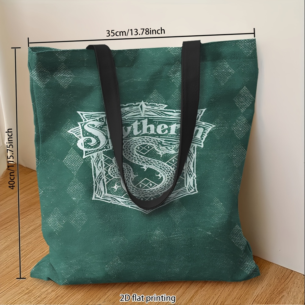 TEMU 1pc Tote Bag With Dark Green Background And White Slytherin Emblem Pattern. Large-capacity Single-shoulder Storage Bag, Printed , Foldable,