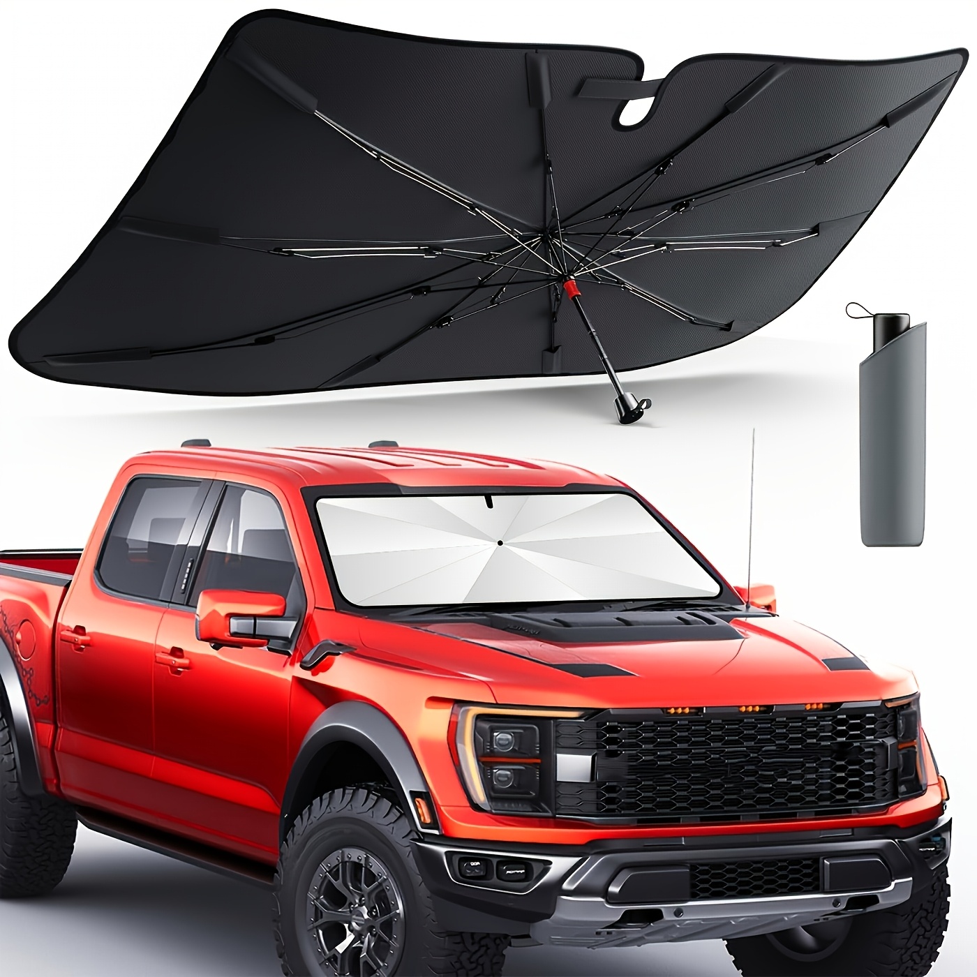 TEMU 1pc Windshield Sunshade With Vinyl Coating - Protects Against Sunlight & Heat, Vehicle Cool, Polyester, - (61" L X 33.5" W), Ideal For Red Trucks, Sun Visor For Car