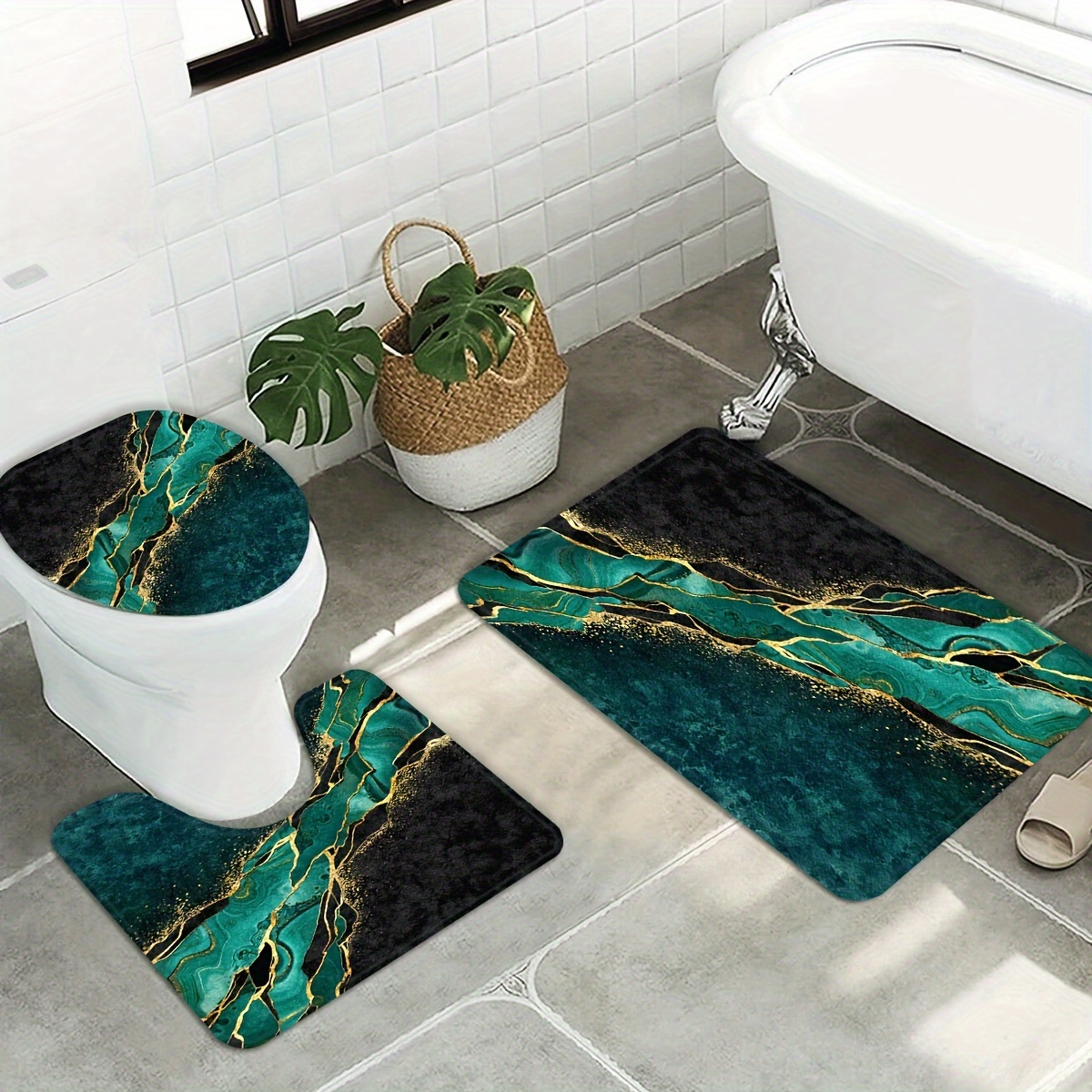 

3-piece Bath Rug Set With Golden & Print - Polyester Knit Fabric, Washable, Non-slip Backing, Rectangular Bathroom Mats For Home Decor - 29.5x17.7 Inch