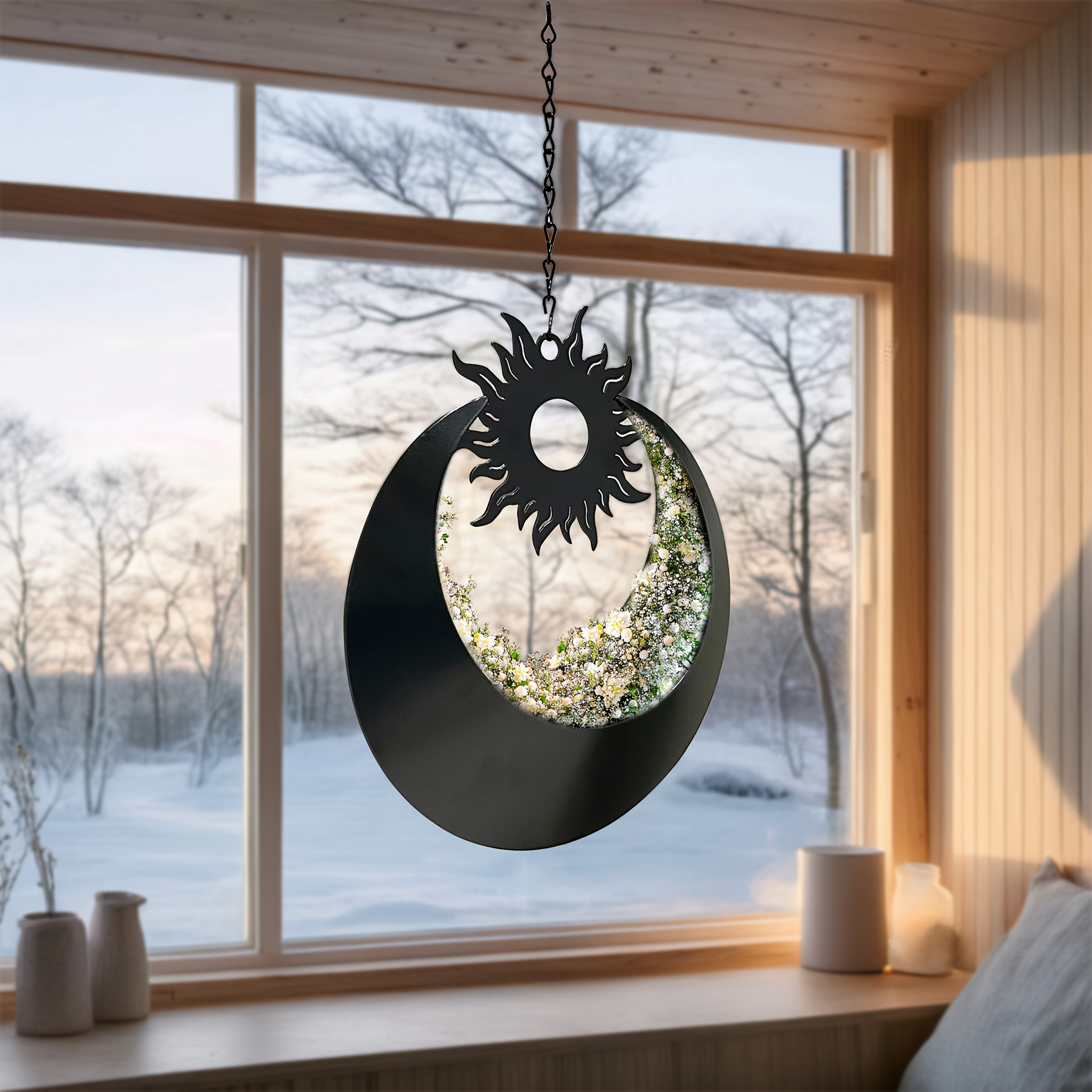 E-shop Handgefertigter Blumentopf aus reinem Metall mit Mond und Sonne zum Aufhängen für die Innendekoration und Außendekoration - für Sukkulenten,