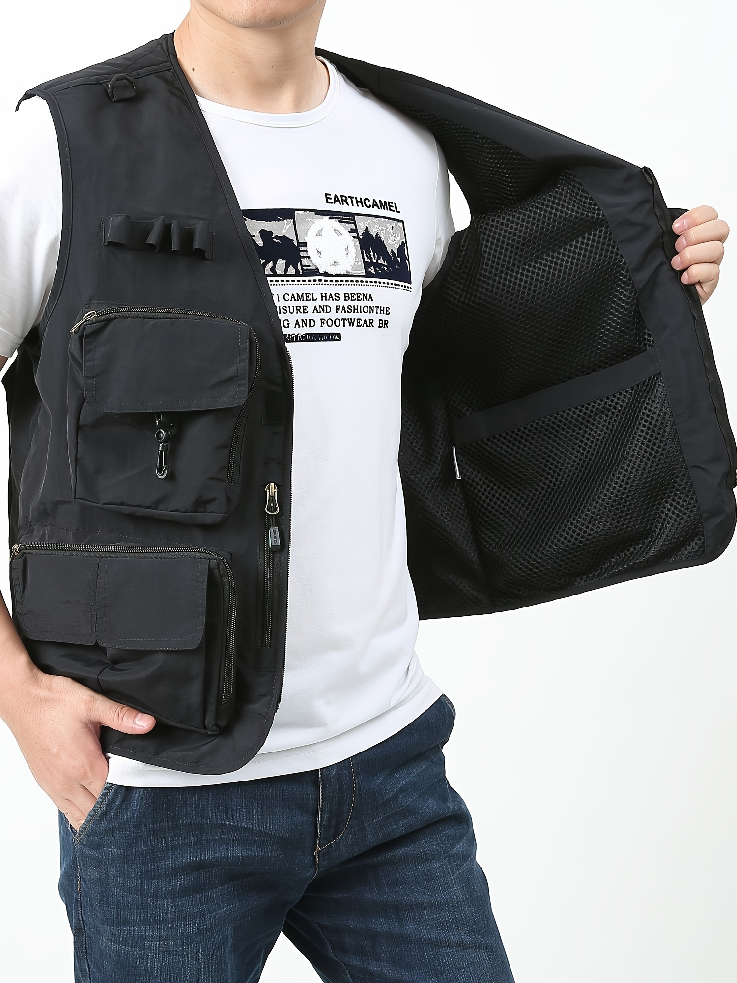 Zipper Pockets Cargo Vest Men's Casual Outwear Zip Vest - Temu United  Kingdom