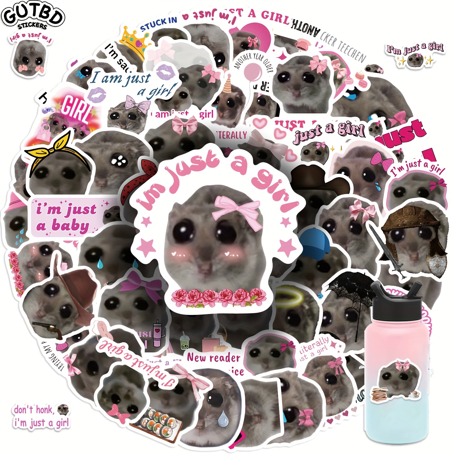 GUTBD 56Pcs Cartoon Sad Hamster Meme Stickers: Waterproof, Self-Adhesive, Reusable, Durable, and Available in Various Sizes for Your Car, Motorcycle, Laptop, Luggage, Water Bottle, Skateboard, Guitar, and More!