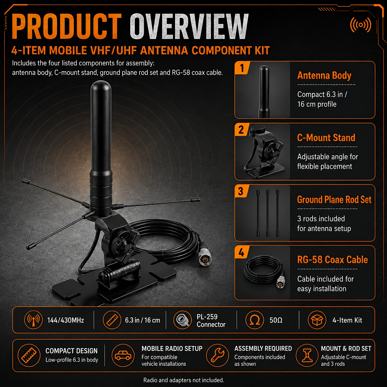 TEMU Tdt- Compact Radio Antenna Kit, 144/430mhz Vhf/uhf Dual Band 4pcs Mobile Antenna Set With Adjustable C-mount Stand, Ground Plane Radials & Rg-58