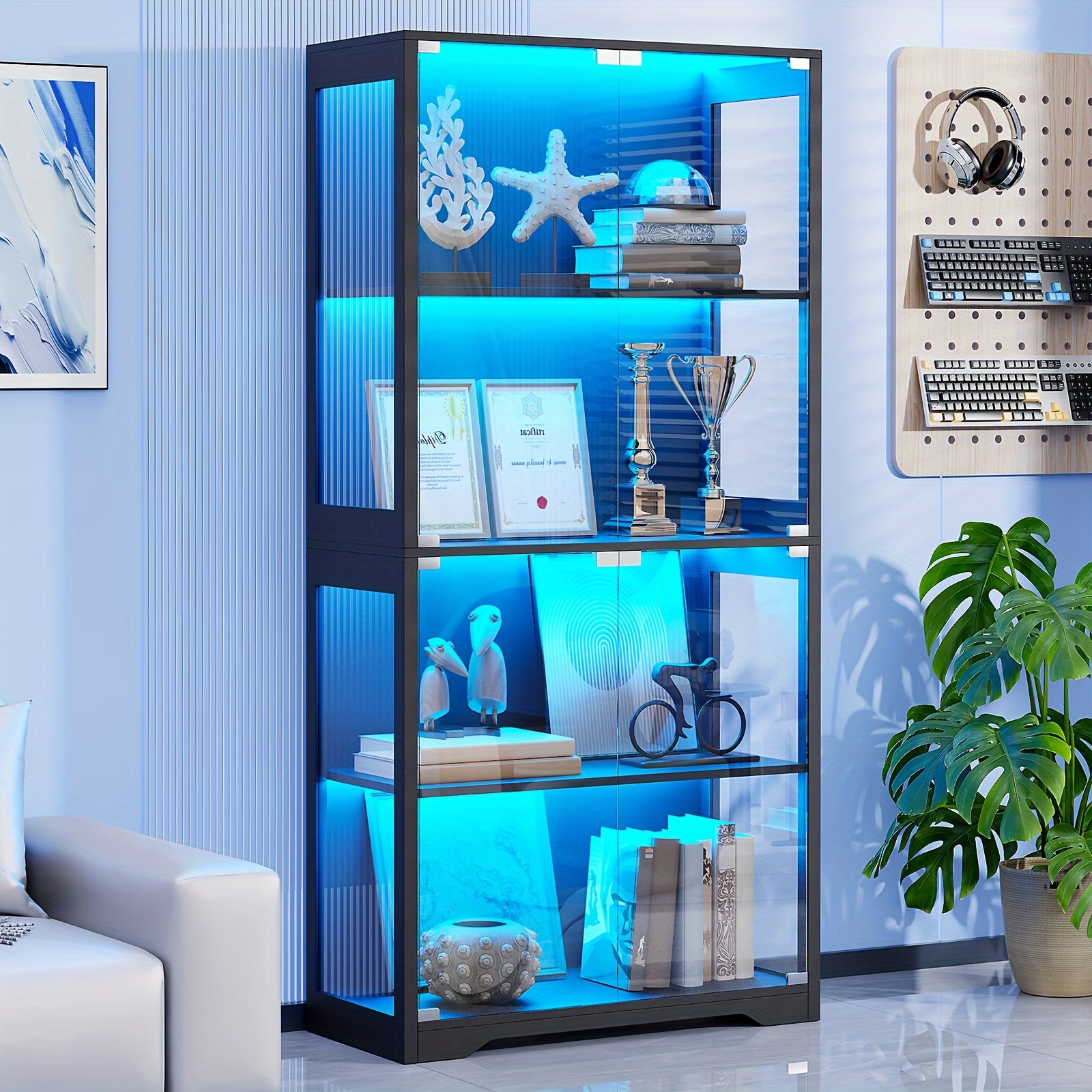 

Display Cabinet With Glass Doors, Storage Cabinet With 3 Color Light, 4-tier &bookcase For Collectibles, Toys, Books, For Playroom, Bedroom, Study Room, Black