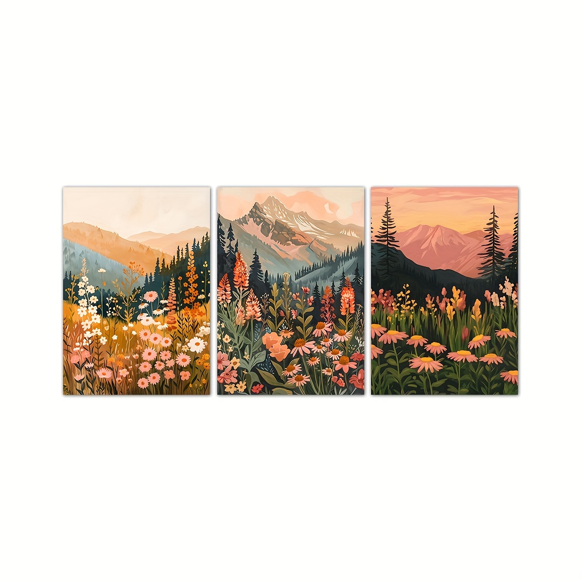 Image of Set Of Scenery Boho Daisy Mountain Sunset Landscape Art Print, Boho Sunset Daisy Flower Art, Spring Colorful Natural Landscape Canvas Painting Wall Art Decoration, No Frame,halloween Christmas Decor