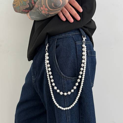 1pc vintage premium versatile accessories wallet chain heavy duty pearl belt chains hip hop trousers jeans chain with lobster clasps for wallet keys