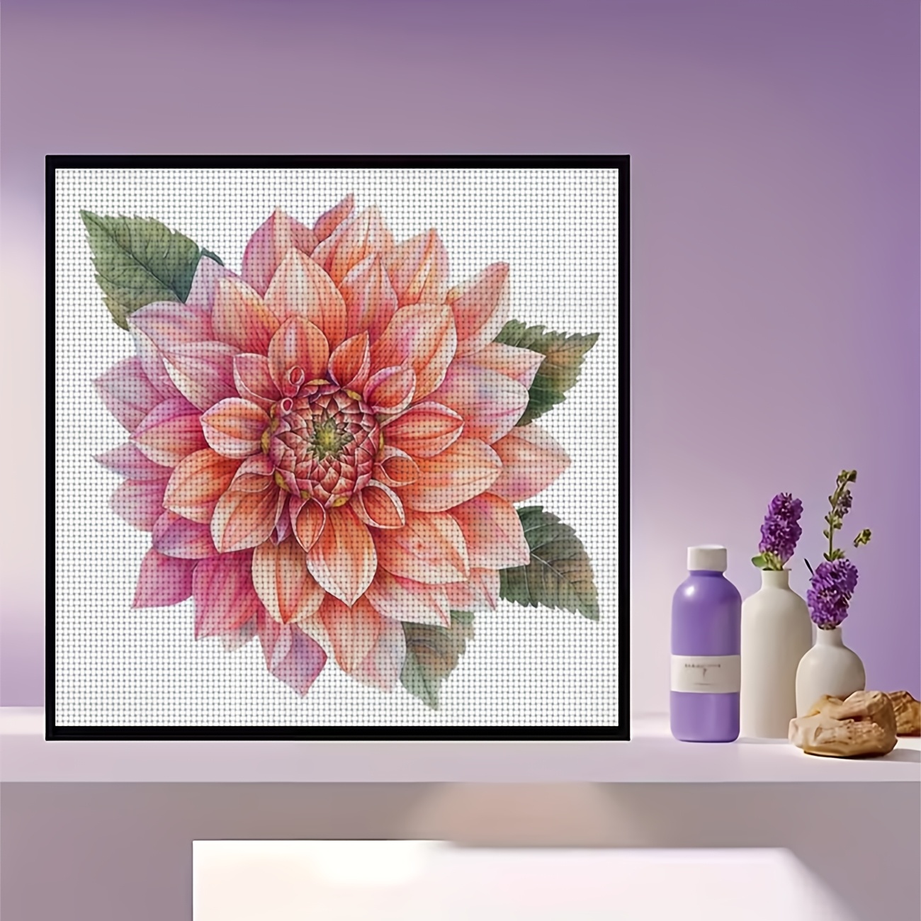 Cross Stitch Printed Kit, Frameless, Pink Orange Daisy Pattern