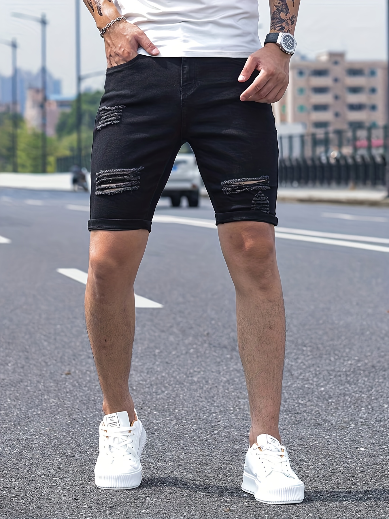 shorts denim verano pantalones capri negros tela elástica Temu