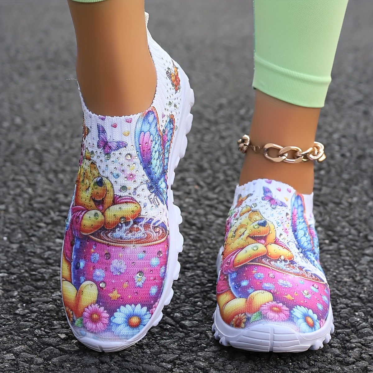 

Women's Lightweight Slip-on Walking With Cartoon Print And Rhinestones, Anti-slip And Wear-resistant Sports Shoes, Stylish And Versatile Outdoor Casual Shoes