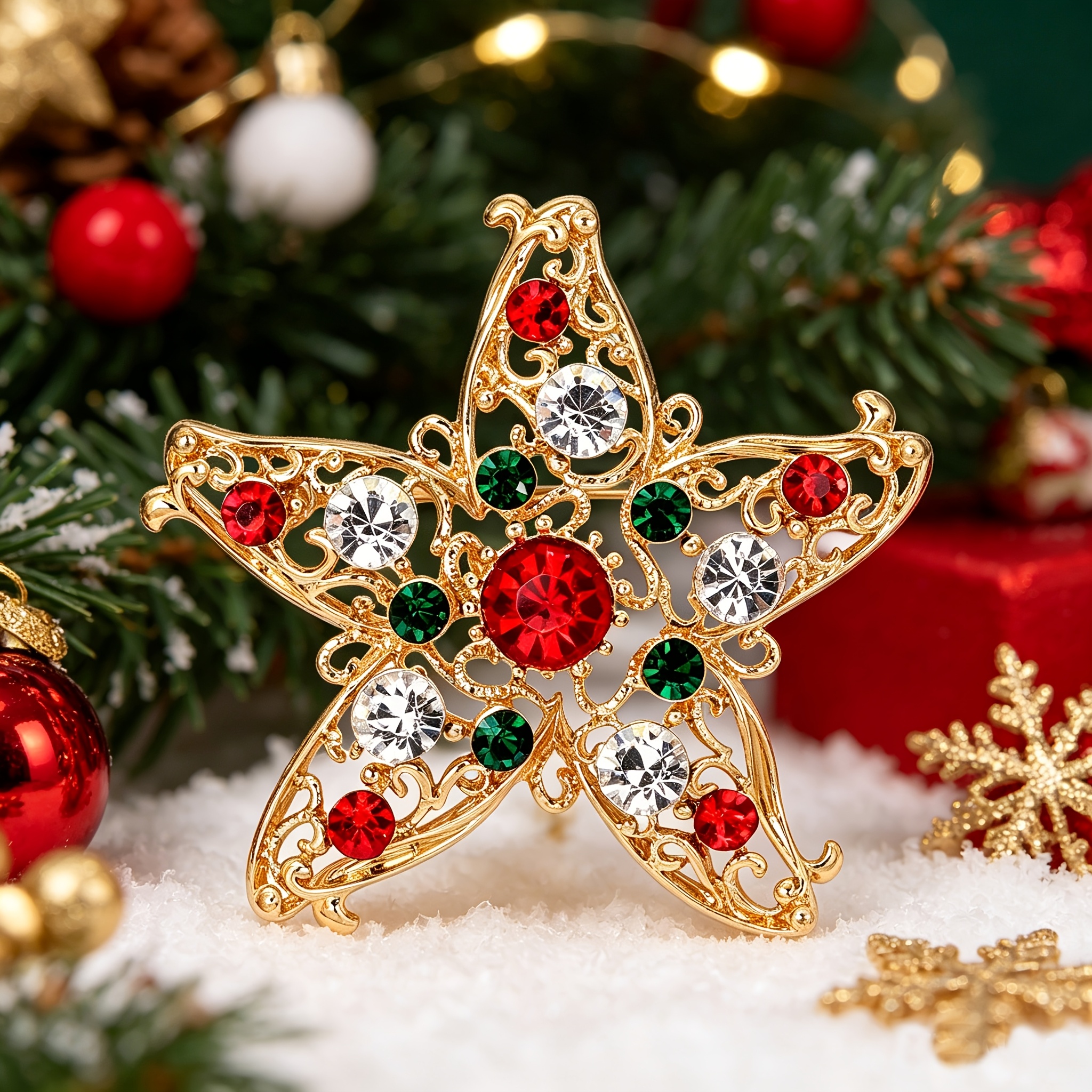 TEMU Christmas Light Luxury Brooch Flower Hollow Craft Colored Gemstone Pin Women&;s Bag Atmosphere Jewelry, Christmas Gift