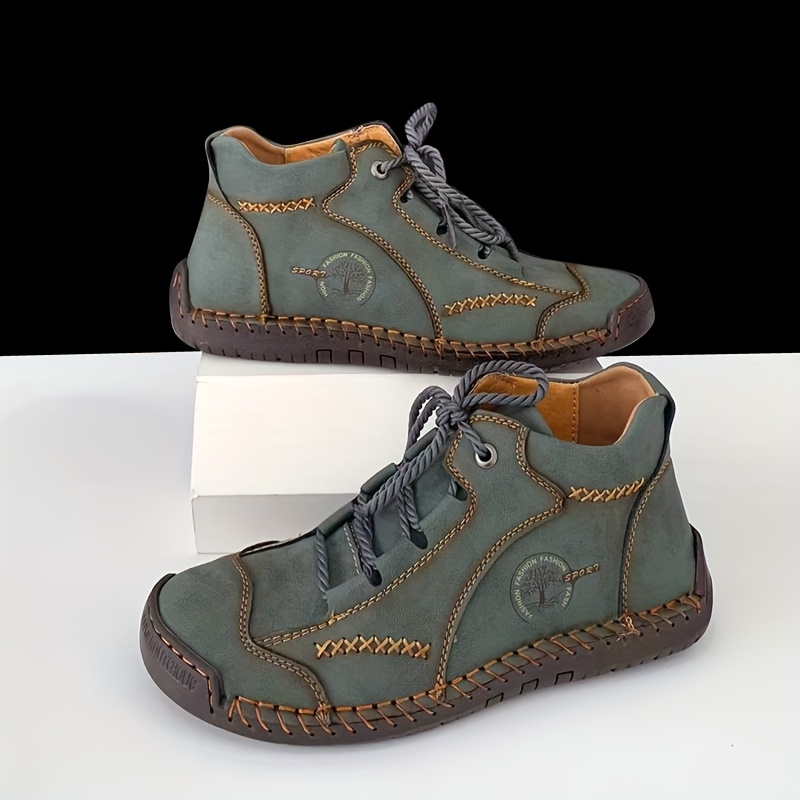womens retro handcrafted lace up ankle boots olive green pu cover with braided detailing flat rubber sole for   casual outdoor wear   footwear