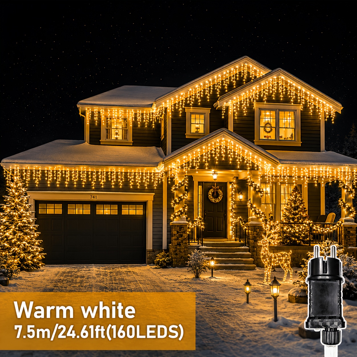 TEMU 1pc Led Icicle Waterfall String Lights, Ip44, Outdoor Decorative String Lights, Warm White/cool White/multicolor, Suitable For Roofs, Gardens,