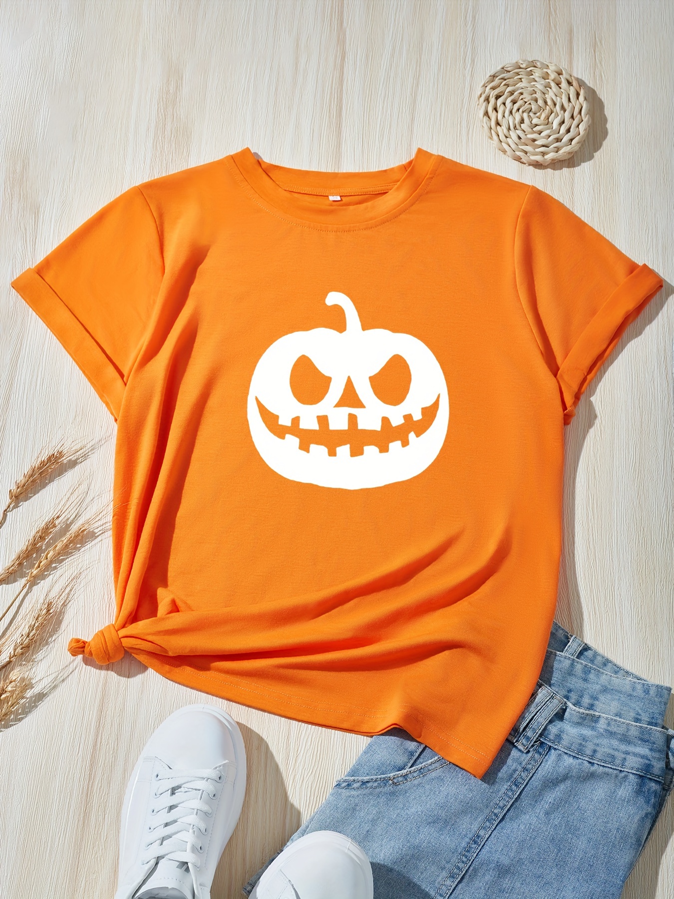 Pumpkin Print T shirt Casual Crew Neck Short Sleeve Top - Temu Australia