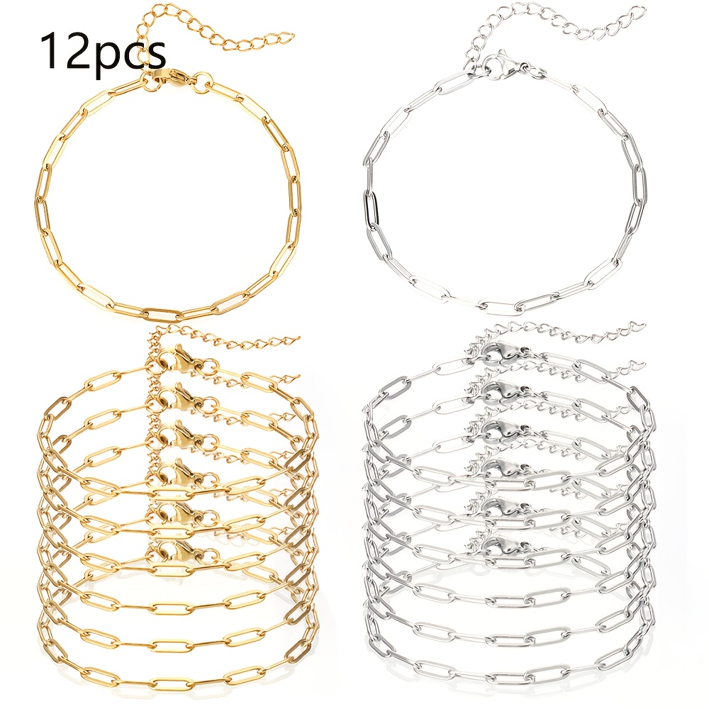 E-shop 12er-Set Sicherheitsnadel-Clips-Kettchen-Armband, verstellbares Edelstahl-Charm-Armband mit Karabinerverschlüssen und Verlängerungskette für