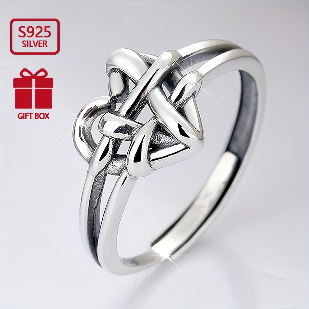 

Vigg Vintage Simple 925 Sterling Silver Open Cuff Weave Heart Ring For Women, No Plating, Fashionable Adjustable Daily Banquet Love Knot Ring (approx. 3.6g)