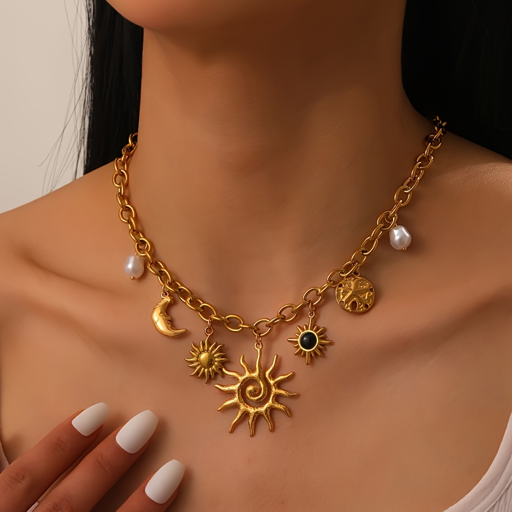TEMU Collana con ciondolo a forma di sole stile Boh矇mien Retr簷 Hip Hop - Acciaio Inossidabile 304 con Ciondoli, Gioielli Boho Chic da Donna, Perfetta