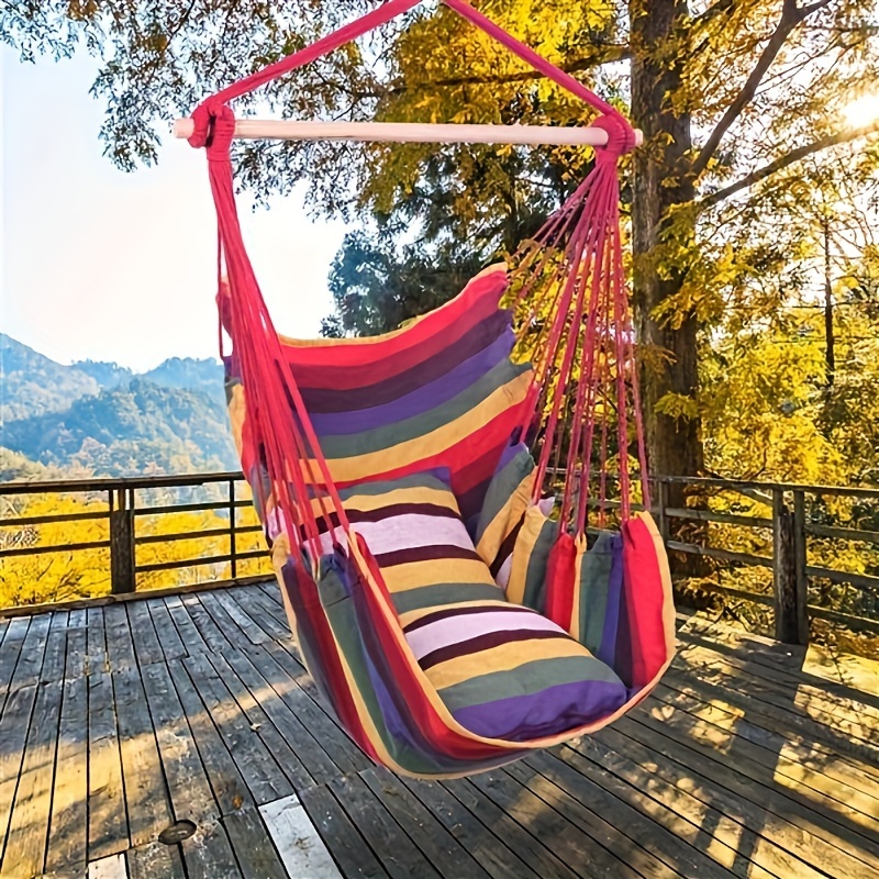 

1pc Canvas Hammock Chair Set With 2 Pillows, 32in Durable Outdoor Hanging Swing Seat, Indoor/outdoor Garden Relaxation Furniture, Colorful Stripe Design
