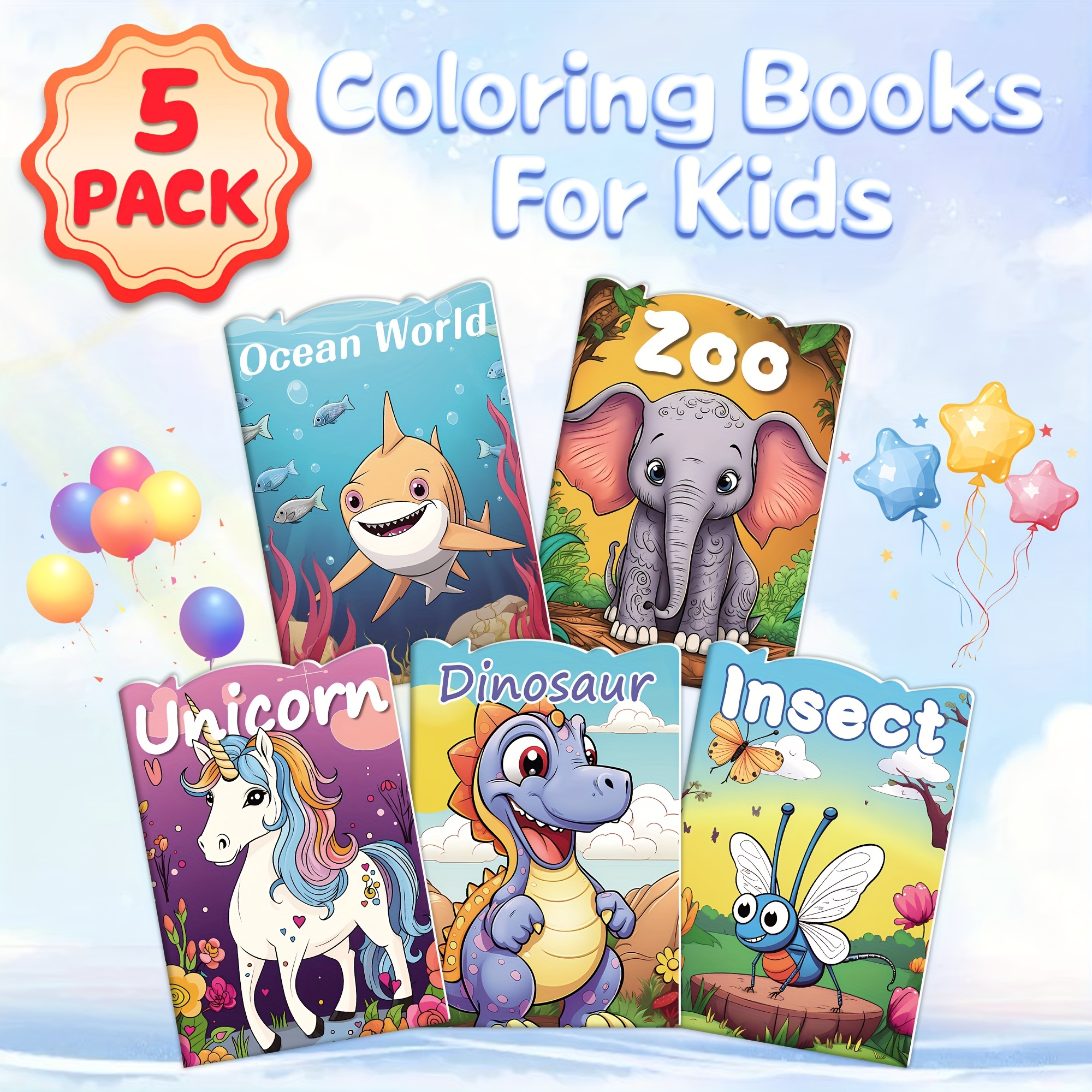 Set of 5 * Coloring Books - Zoo, Dinosaur, Insect, *, * Themes - 60 Cartoon Designs - Perfect Gift for Boys and Girls * 3