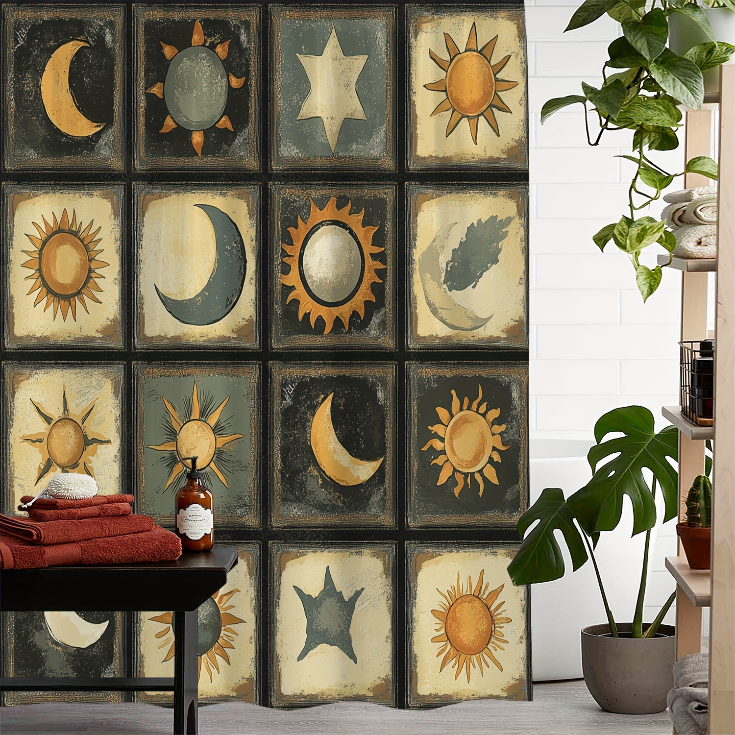 

Arts-inspired Woven Polyester Shower Curtain, Vintage Sun And Moon Print, Water-resistant With 12 Hooks, Machine Washable, All-season - Unlined Decorative Bathroom Curtain