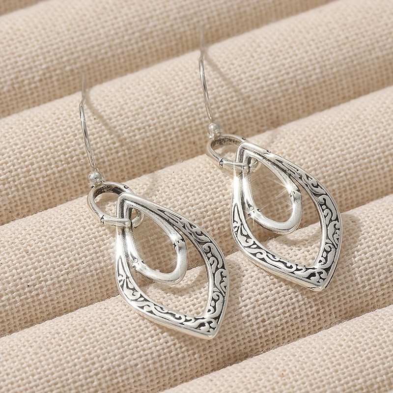 Image of Vintage Oval Cross Hollow Earrings Grave Geometric Ethnic Silvery Color Carving Pattern Dangle Hook Earrings For Women Jewelry