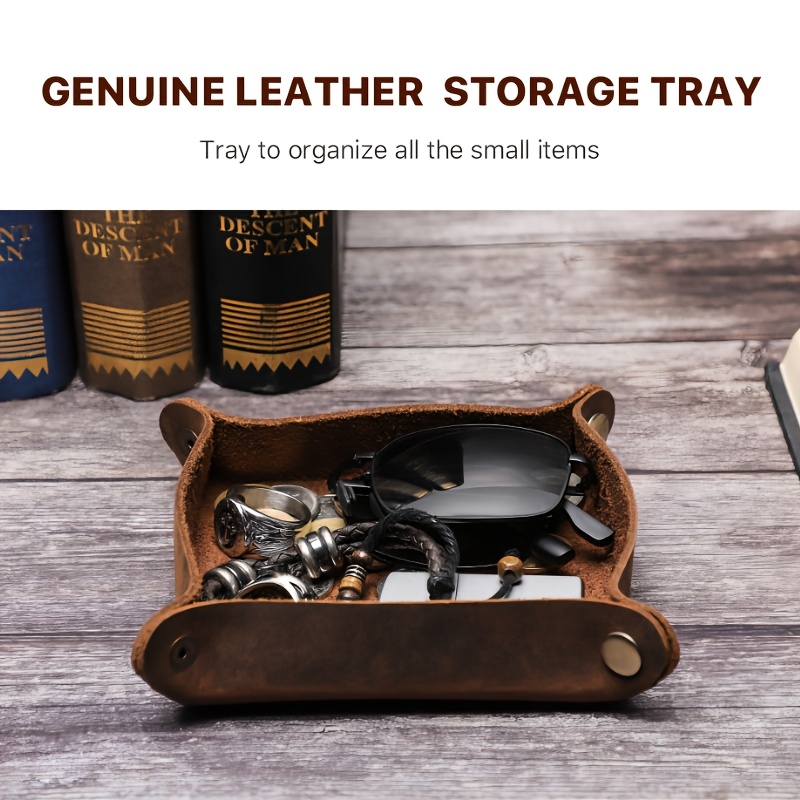 handcrafted   genuine leather square desktop organizer in deep brown featuring 4 snap closures and rounded corners this portable bedside desktop storage box serves as a versatile multi purpose organizer for keys wallets jewelry and small Product details 9
