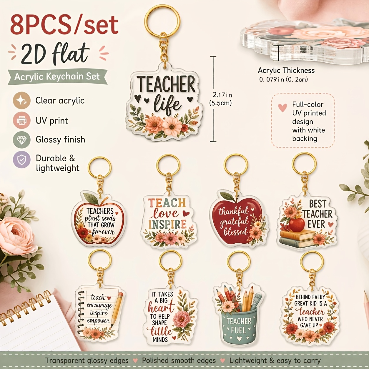 TEMU Design plat 2D, [2D Plat] Ensemble de 8 porte-clés en acrylique inspirants pour l'appréciation des enseignants, breloques de sacs à citations