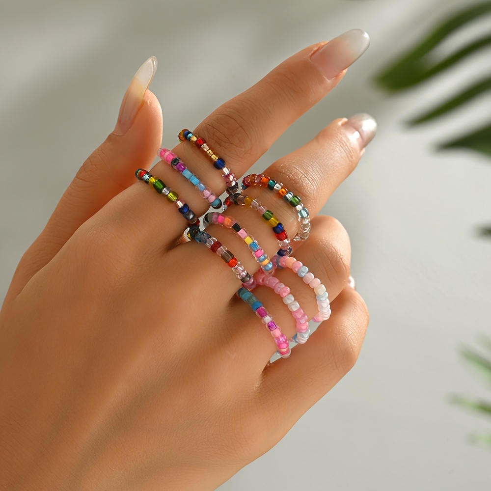 10pcs Women's Fashion Stackable Rings, Bohemian Style Multicolor Beaded Ring Set, Glass Material, Perfect For Beach Vacation Wear, Birthday Gift, Rice Bead Rings