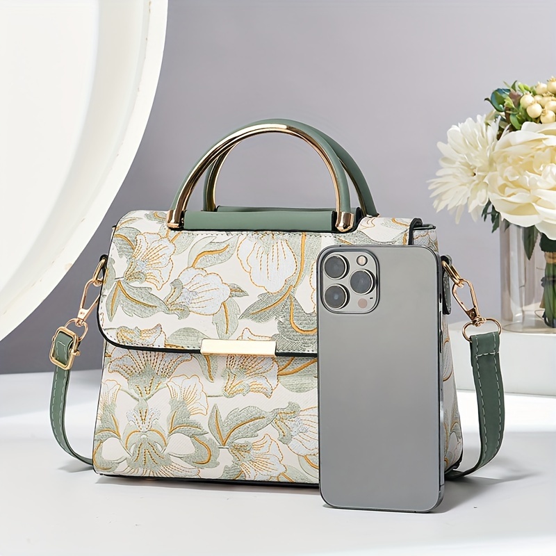 Floral Embroidered Crossbody Bag, Large Capacity with Zipper Closure, Polyester Lined, Versatile Commuter Handbag, Luxurious & Fashionable Design, Edge Paint Detail - Available in Black, Beige, Pink, Khaki, Green