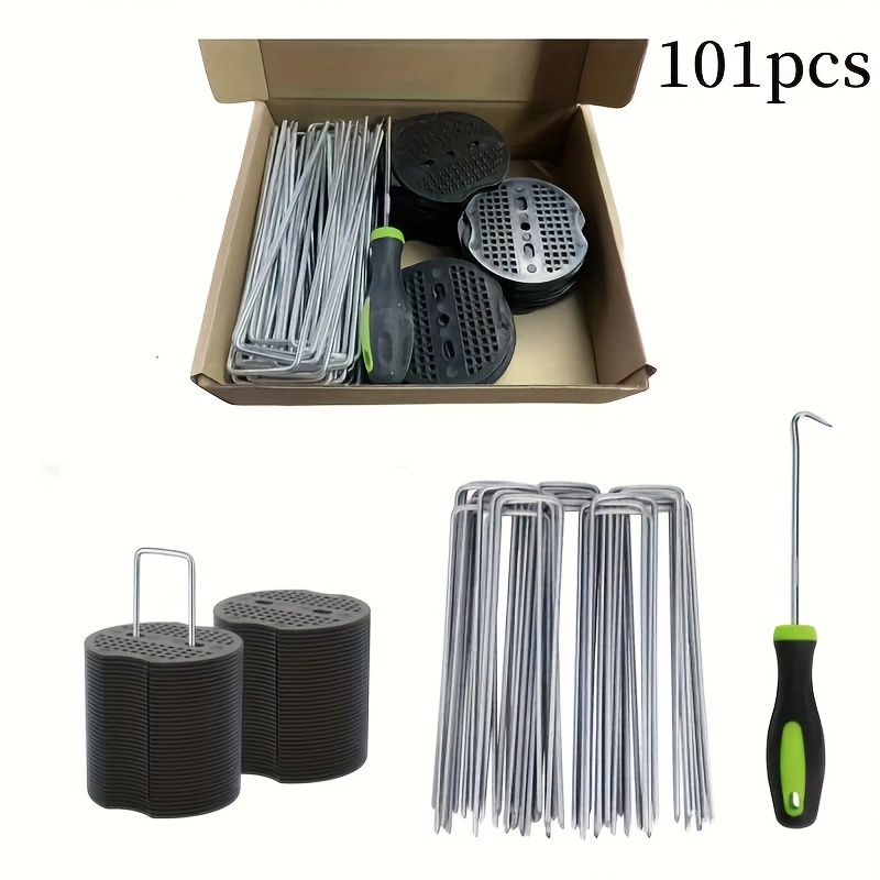 

100pcs Galvanized Steel U-shaped Garden - Lawn & Tent Pegs With Plastic Spacers, Outdoor Nail Set For Securing Tarps And Gardening Cloth