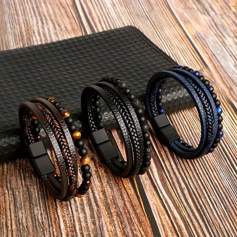 

1pc Fashion Layered Faux Leather Bracelet, Tiger Eye Stone Beaded Bracelet, Suitable For Men's Daily Wear