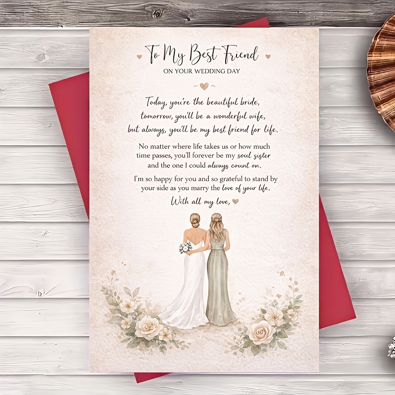TEMU Greeting Card And 1 Envelope Best Friend Wedding Day Card Elegant Floral Flat Greeting For Bride Bridesmaid Sister Friend Gift For Bridal Shower