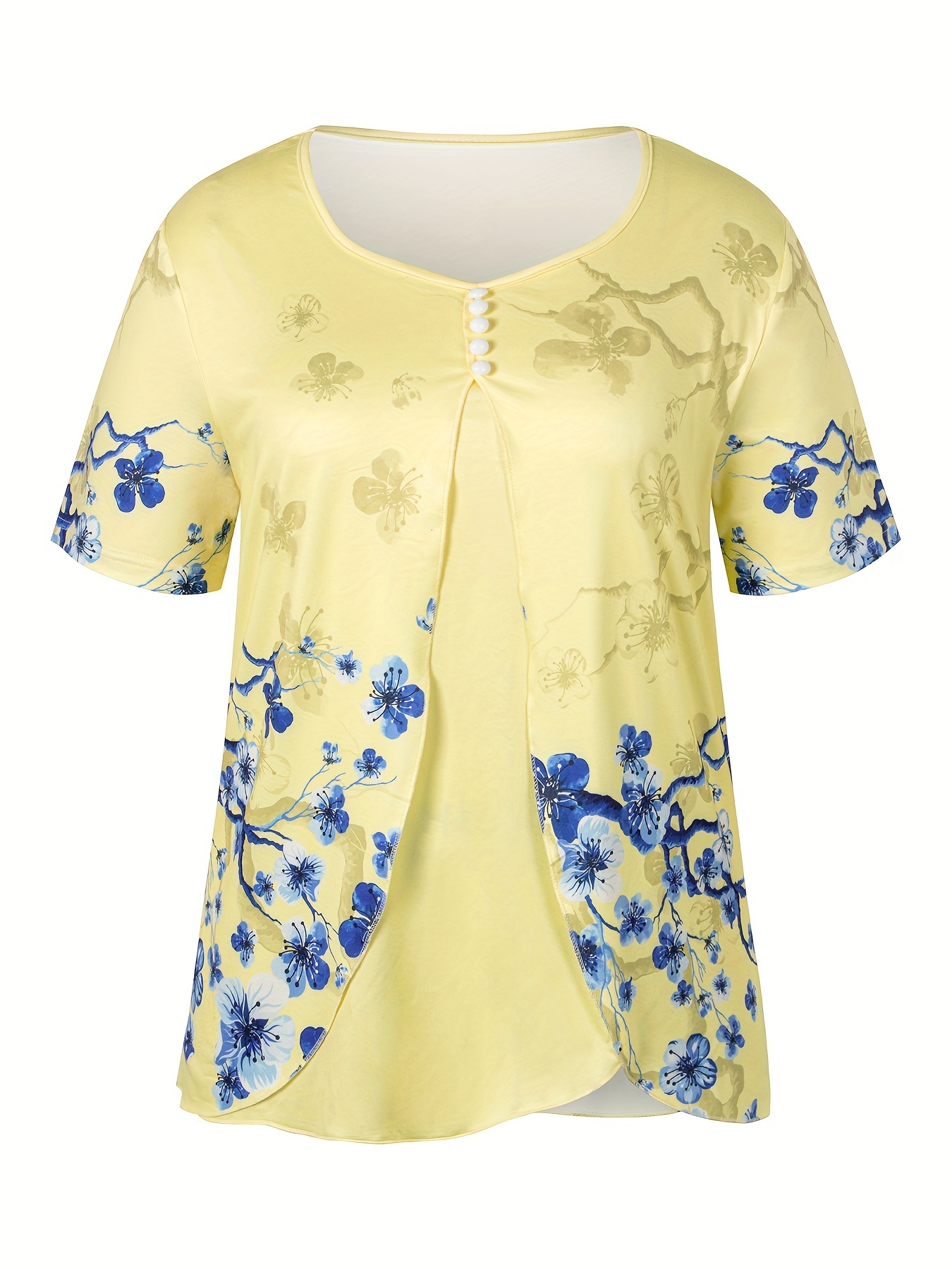 Women's Plus Size Floral Printed Raglan T-Shirt - Colorblock Top, Casual Fit, Size 4X