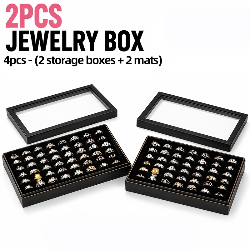 TEMU 4pcs - (2pcs Boîtes de Rangement et 2pcs Tapis) Boîte d' à Anneaux Noirs Multi-Compartiments, Boîte de Rangement de Bijoux à Couvercle