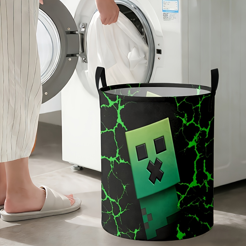 TEMU 1pc, Foldable Round Laundry Basket With Green , Hamper With Sturdy Handles, Space- Storage Bin For Clothes, Ideal For Bedroom And Room