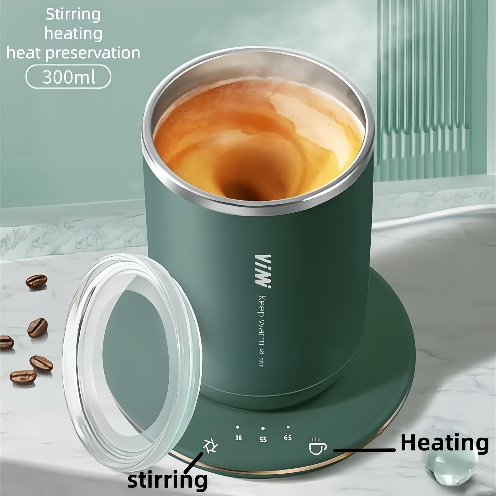 

1pc, Green Smart Mug, Stainless Steel Self-stirring Coffee Cup With Lid, Auto Stir & Heating Feature, Auto Power Off & Heat Preservation For Home