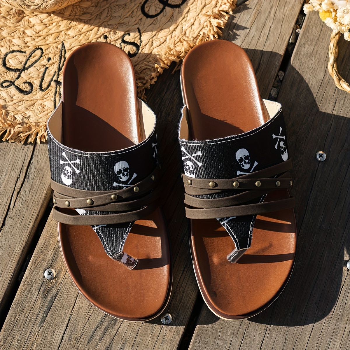 women's summer skull print flat sandals slip casual beach Temu