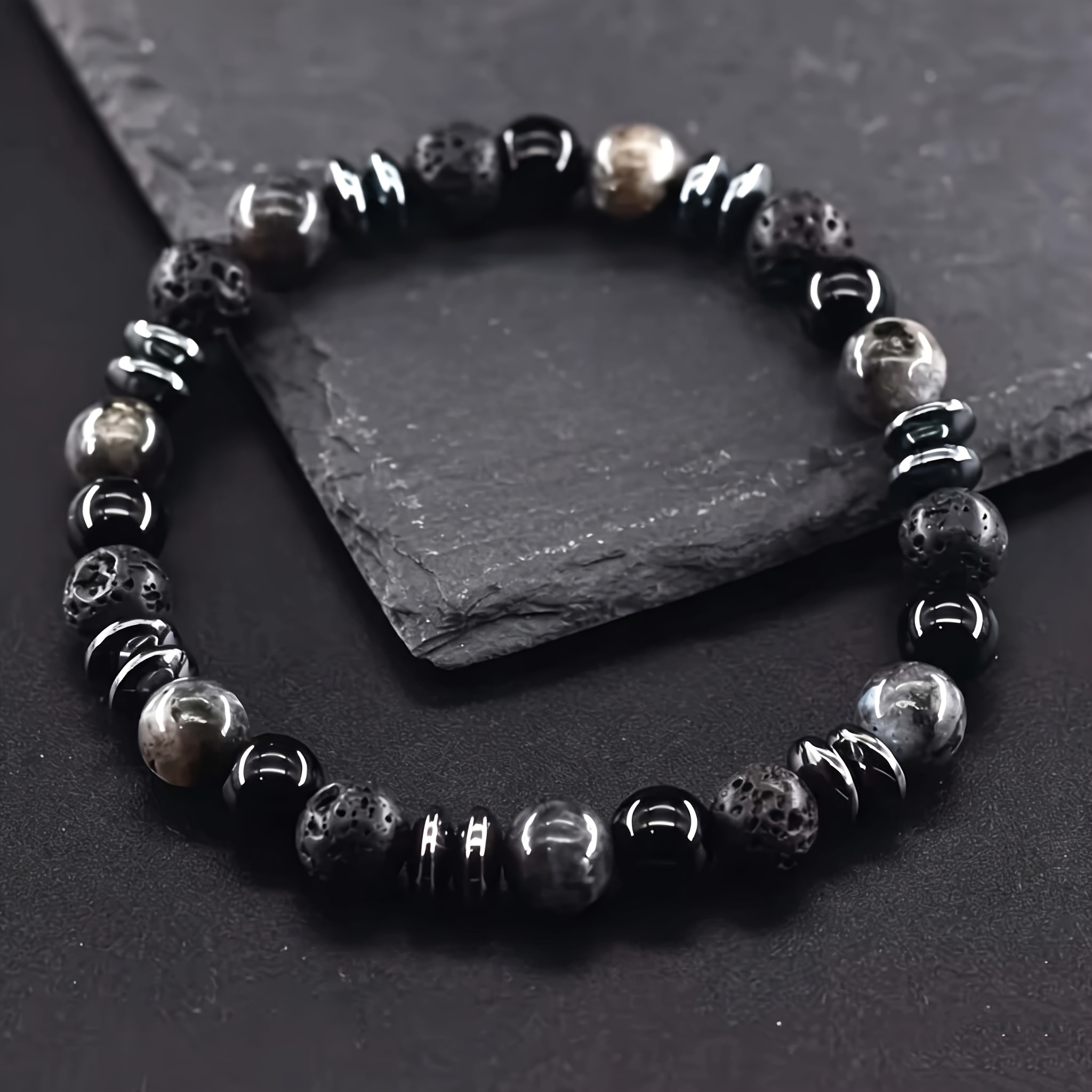 Image of 1pc Handmade Bohemian Marble Black Gray Stone Bracelet - December Birthstone, Unisex Spiritual Charm Jewelry, Couple Gift, Christmas, Casual Attire, Accessory