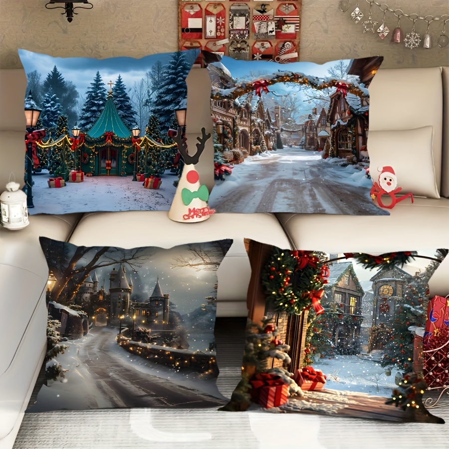 

4pcs Vintage Christmas Castle & Snowy Town Pillowcase Set - Velvet, Single-sided Print With Invisible Zipper For Living Room And Bedroom Decor, Machine Washable