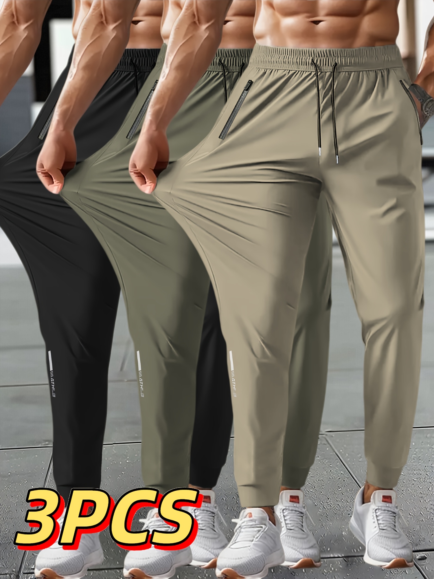 3pcs mens summer solid color tapered sports pants high stretch fiber with ribbed cuffdesign nylon 80 spandex 20 reflective   at the hem of pants regular fit with zipperpockets breathable comfortablerunningtraining longtrousers