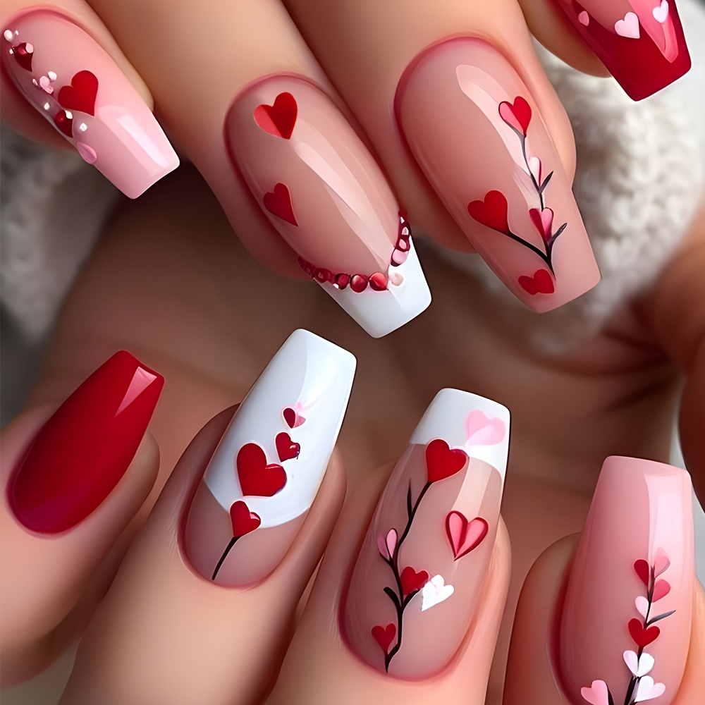 

24pcs Press-on Nails Set, Ballet Coffin Fake Nails, Medium Length, Pink & Red French Tip With Heart And Tree Branch Design, Reusable False Nails For Women And Girls