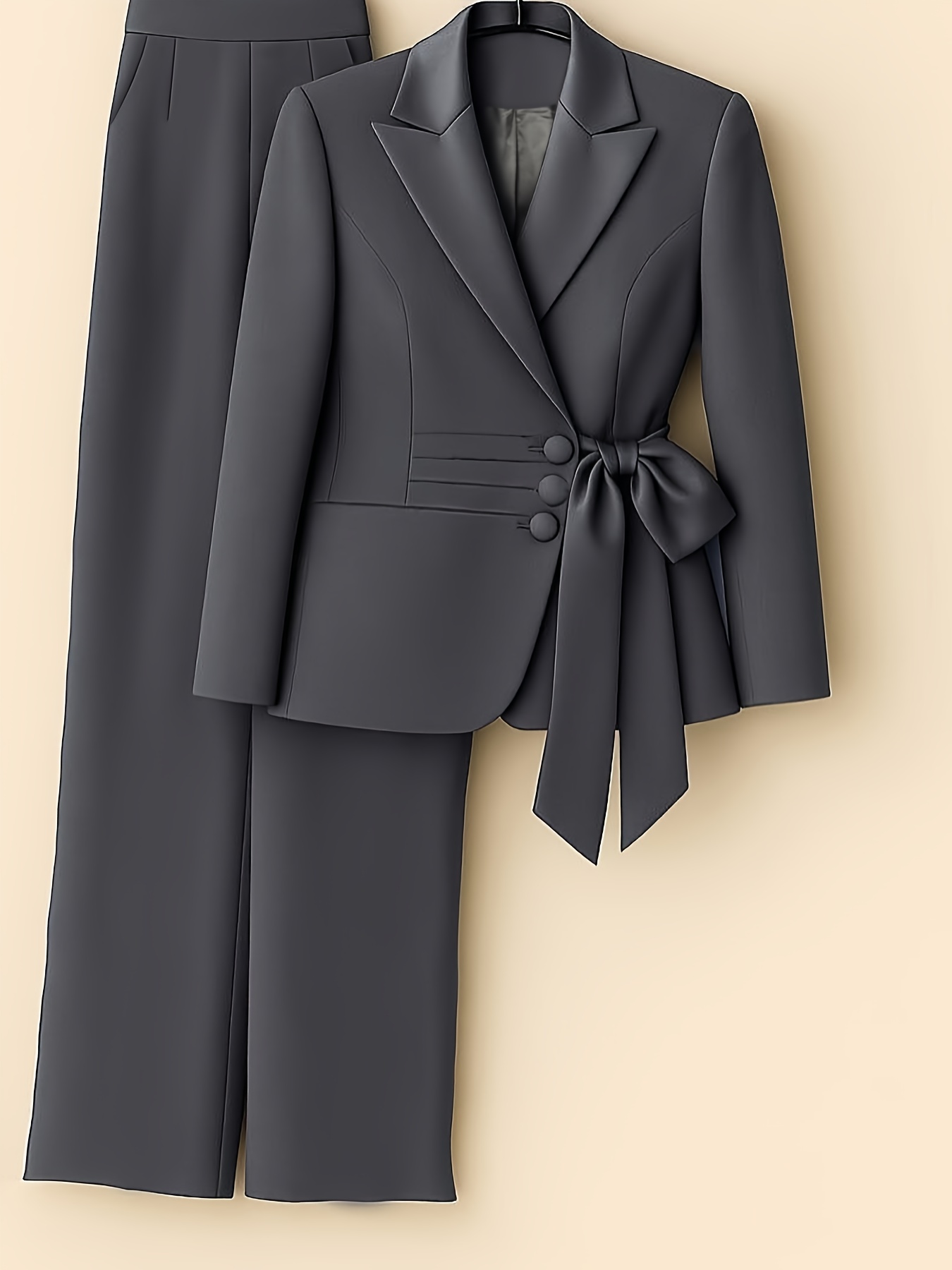 womens dark gray elegant suit set with new lapel button long sleeve bow tie jacket and casual straight leg pants