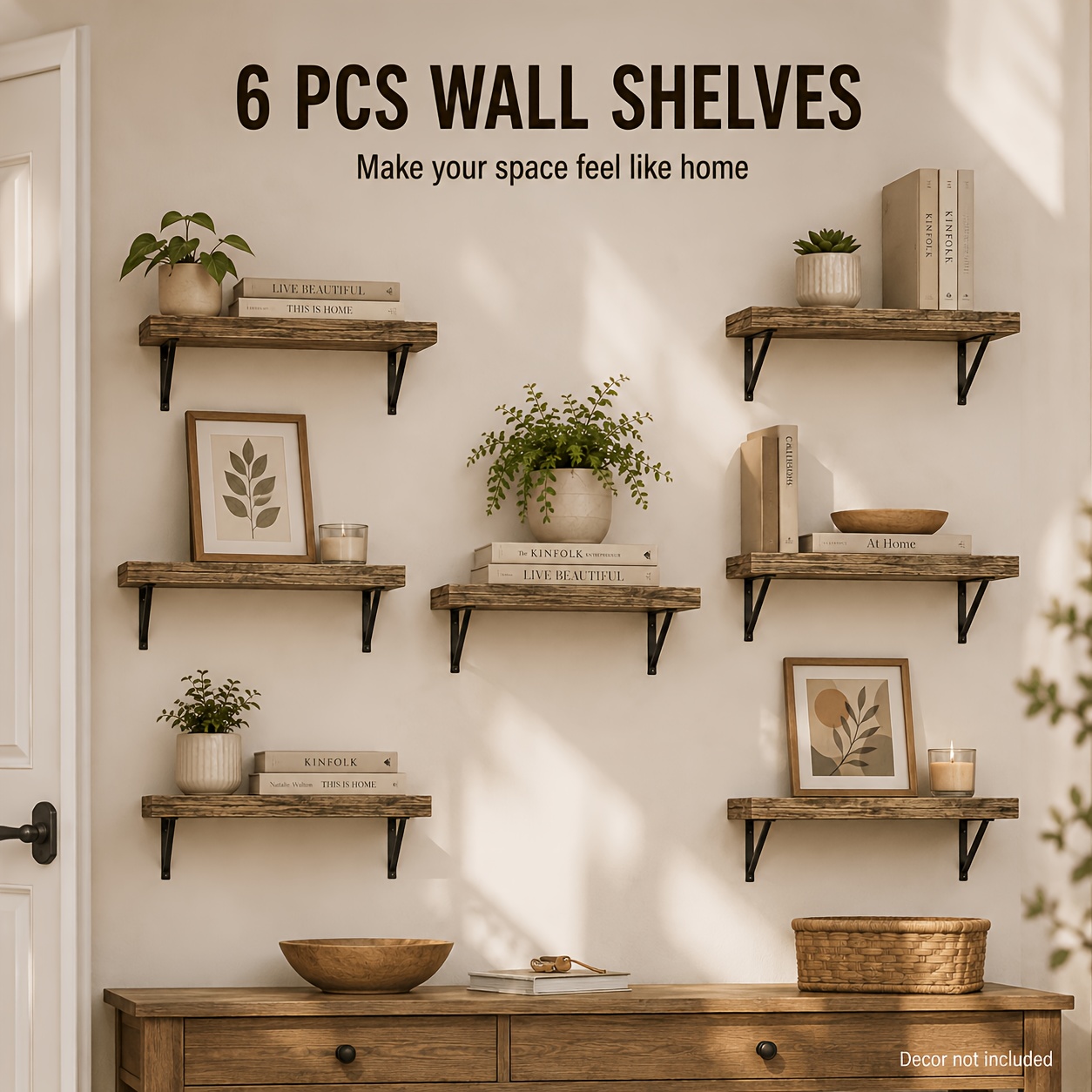 TEMU 6pcs 15.75in Rustic Wall Shelves, Wood-look Floating Shelves With Black Metal Brackets, Wall Mounted Display And Storage Shelves For Entryway,