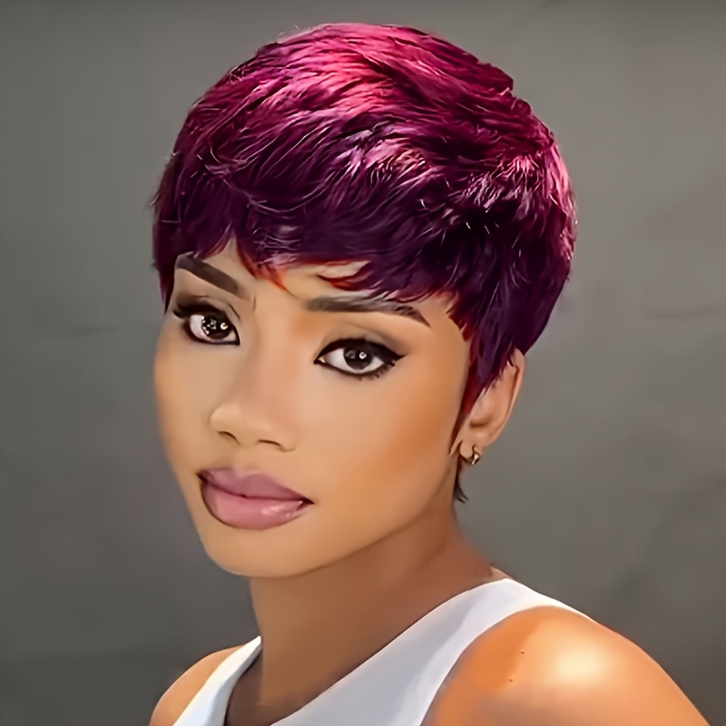 Image of Vibrant Red 99j Burgundy/1b/green Human Hair Wig 6 Inch Cut Human Hair Wig With Bangs Brazilian Hair Wig For Women Layered Wigs For Halloween Party And Comic Exhibitions