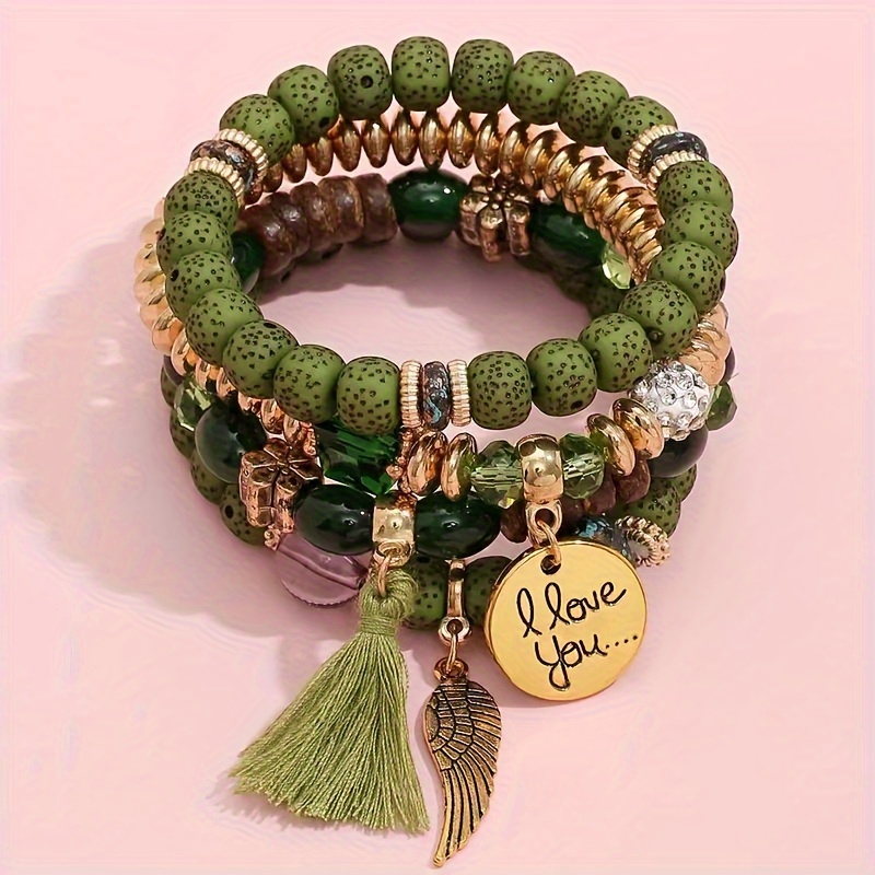

4pcs Green Tassel & Wing Charm Beaded Bracelet Set